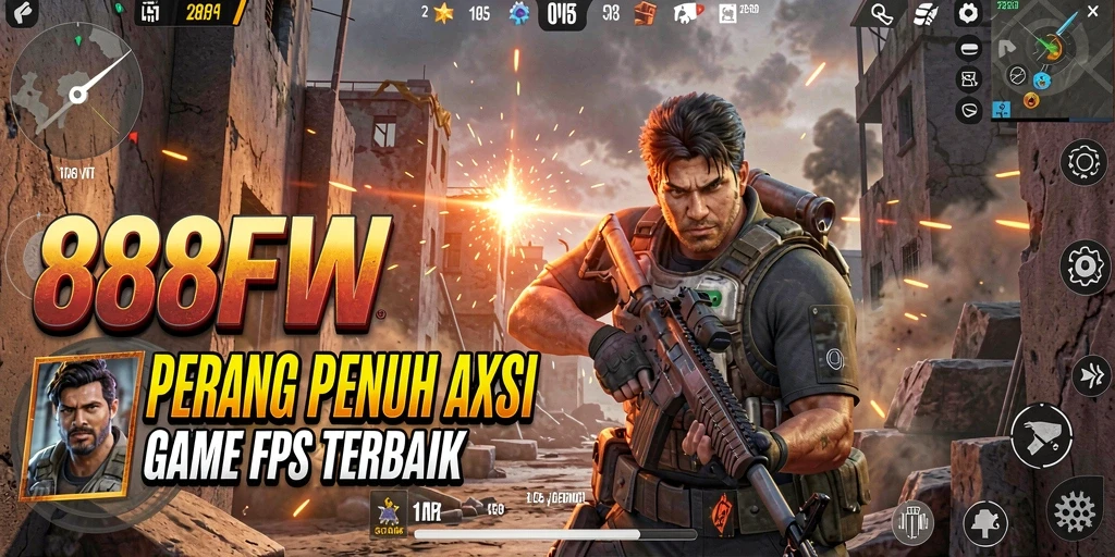 Screenshot utama menampilkan aksi seru dalam gameplay FPS.