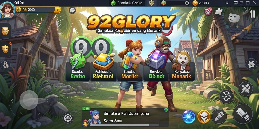 Screenshot utama 92GLORY menampilkan karakter dalam situasi simulasi kehidupan.