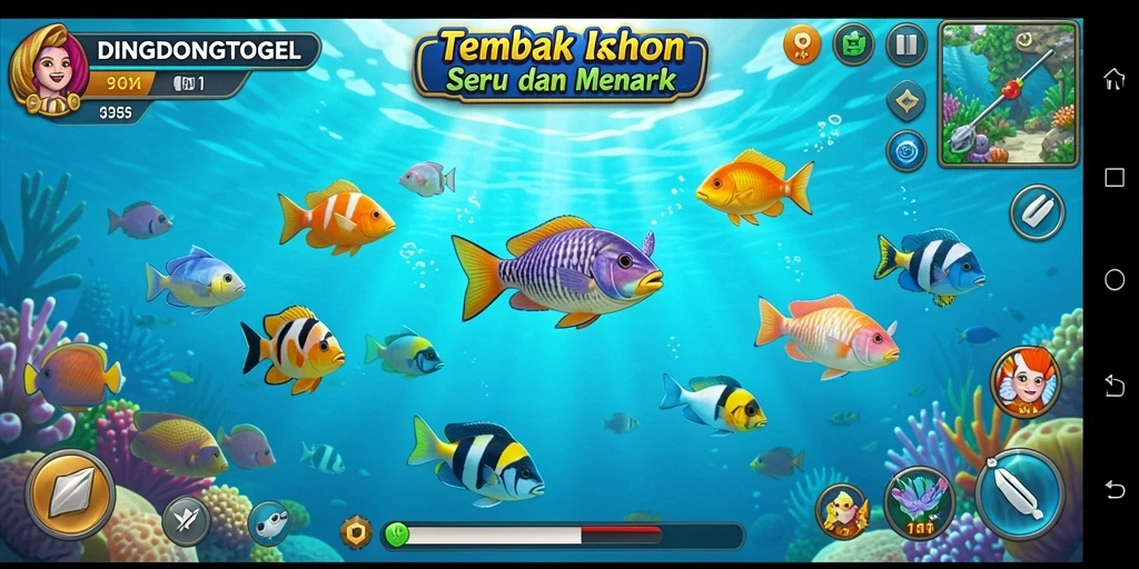 Tampilan gameplay seru di DINGDONGTOGEL dengan berbagai jenis ikan.