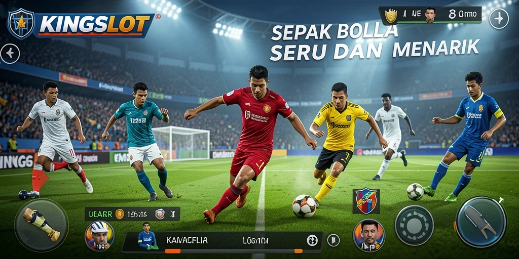 Screenshot gameplay KINGSLOT menampilkan aksi seru di lapangan sepak bola.