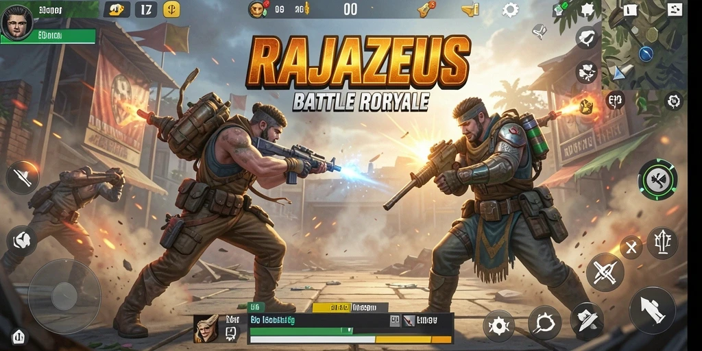 Tampilan aksi mendebarkan dalam gameplay RAJAZEUS Battle Royale.